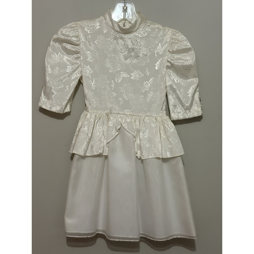 Vintage‎ Miss Quality Girl's Dress Sz 7 Ivory Floral Puff Sleeve Peplum Lace USA